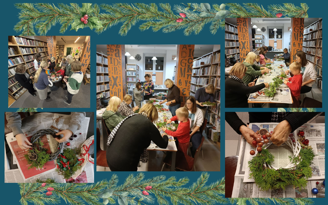 ilustracja przedstawiająca kolaż zdjęć na ciemnozielonym tle. Zdjęcia są fotorelacją ze spotkania na warsztatach artystycznych, na których uczestnicy robili świąteczne ozdoby.