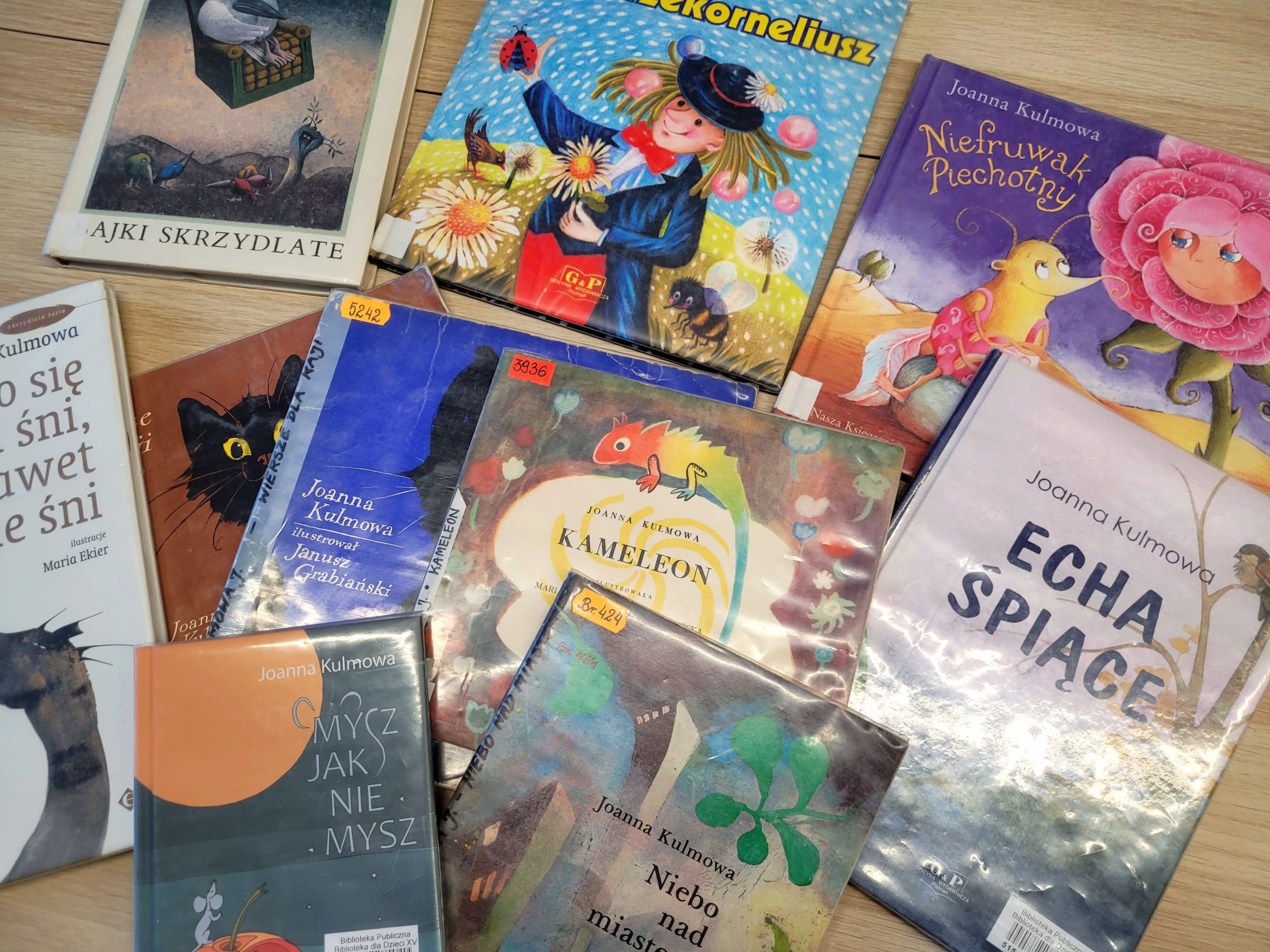 Rozłożone na stole książki dla dzieci autorstwa Joanny Kulmowej z kolorowymi, ilustrowanymi okładkami, m.in. „Ajki skrzydlate”, „Kameleon”, „Niefruwak Piechotny”, „Echa śpiące”, „Niebo nad miastem” i „Czmycz jak nie mysz”.