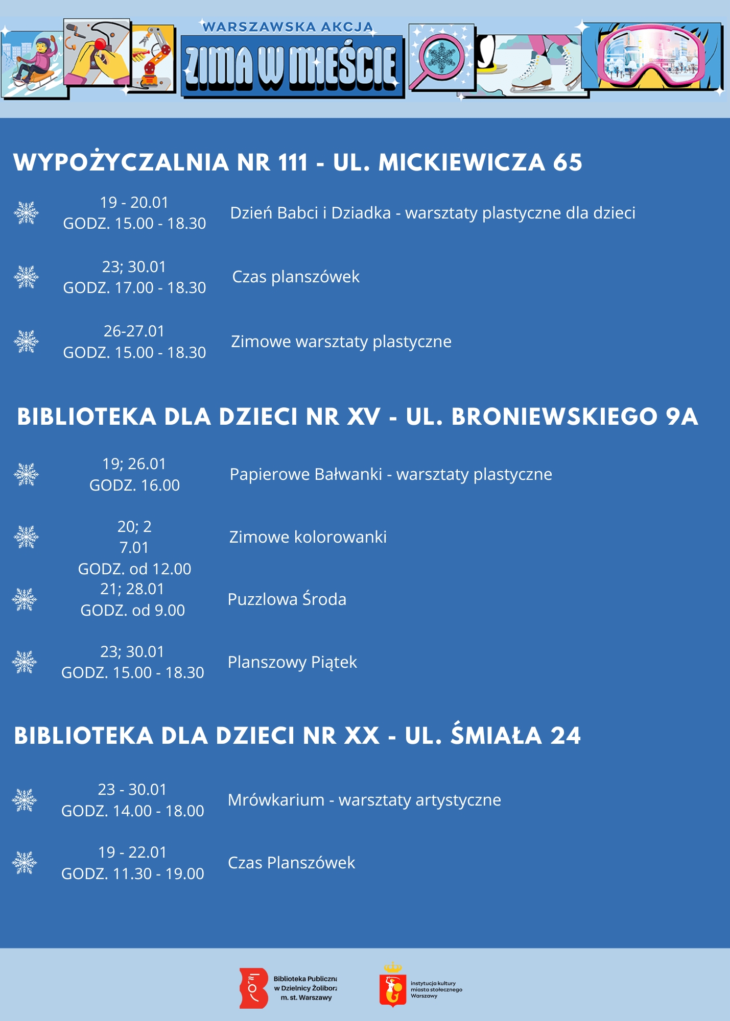 granatowy plakat z grafiką i logo zimy w mieście. Tekst plakatu przepisany w poście