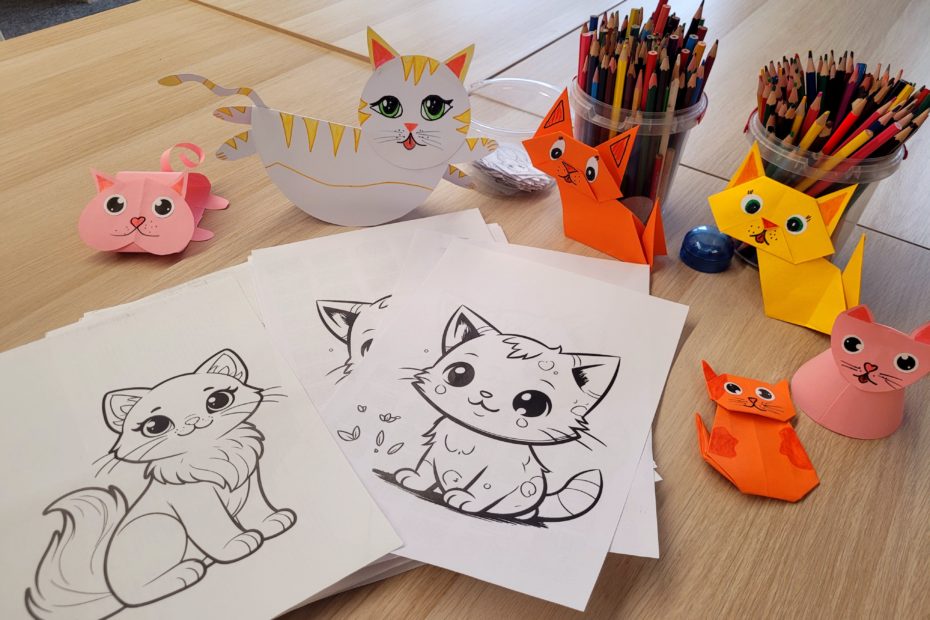 Stół z materiałami plastycznymi przygotowanymi na zajęcia z okazji Dnia Kota. Na blacie leżą kolorowanki z wizerunkami kotów, obok stoją pojemniki z kredkami oraz kolorowe papierowe koty wykonane techniką origami.