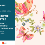 Plakat zapowiadający wydarzenie w Bibliotece dla Dzieci nr XV. Po lewej stronie ciemnoniebieskie tło z napisem: „Zapowiedź”, „Biblioteka dla Dzieci nr XV”, dużym tytułem „Papierowe motyle”, z dopiskiem „Warsztaty artystyczne dla dzieci i dorosłych” oraz informacją „13 marca, 16:00–19:00”. Po prawej stronie jasne tło z ilustracjami kolorowych, akwarelowych motyli i kwiatów. Na dole znajdują się logotypy Biblioteki Publicznej w Dzielnicy Żoliborz m.st. Warszawy oraz instytucji współorganizującej.