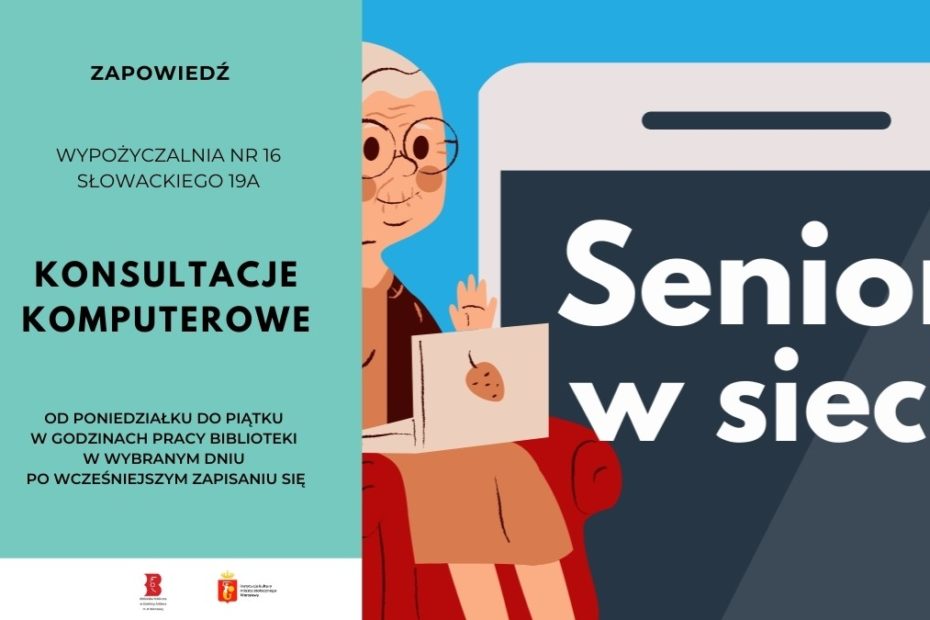 grafika promująca konsultacje komputerowe w wypożyczalni nr 16