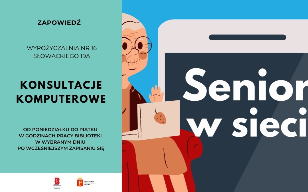 grafika promująca konsultacje komputerowe w wypożyczalni nr 16