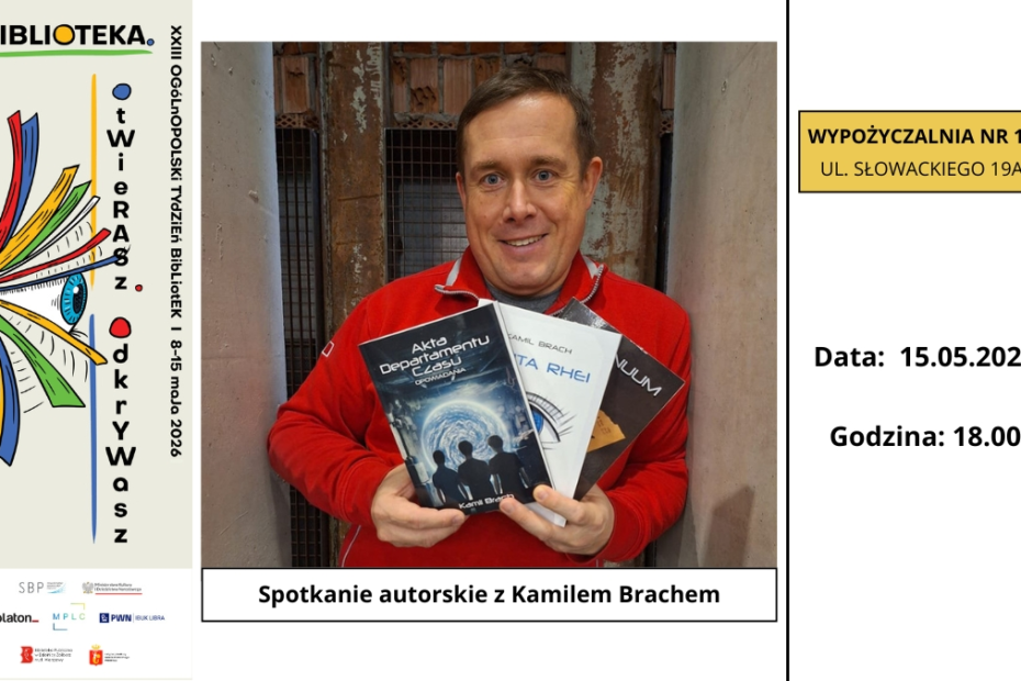 grafika promująca spotkanie autorskie z kamilem brachem; na ilustracji portret pisarza