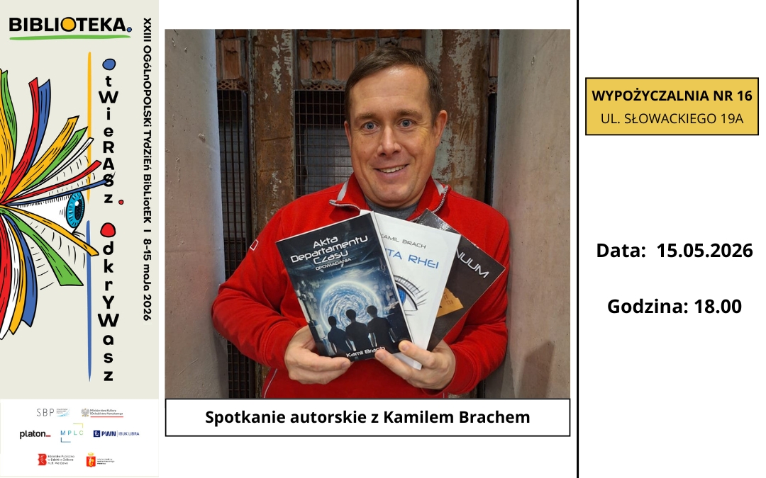grafika promująca spotkanie autorskie z kamilem brachem; na ilustracji portret pisarza