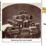 grafika promująca kiermasz książek; na grafice 19-wieczna fotografia przedstawiająca ekspozycję książkową