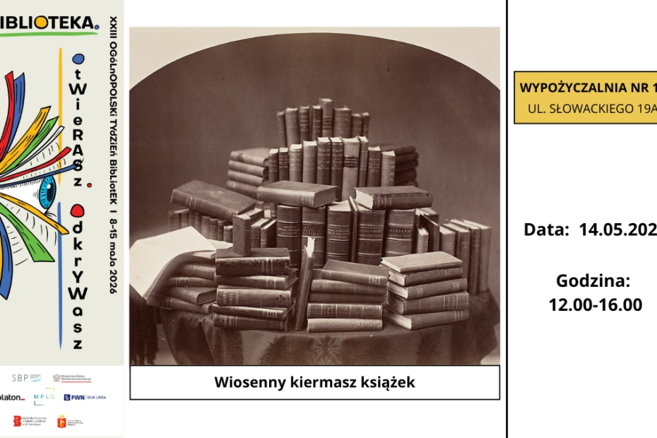 grafika promująca kiermasz książek; na grafice 19-wieczna fotografia przedstawiająca ekspozycję książkową