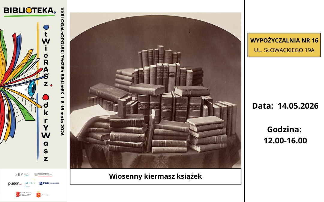 grafika promująca kiermasz książek; na grafice 19-wieczna fotografia przedstawiająca ekspozycję książkową