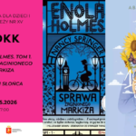Plakat wydarzenia MDKK w Bibliotece dla Dzieci i Młodzieży nr XV. Po lewej różowe tło z informacją o spotkaniu dotyczącym książek: „Enola Holmes. Tom 1. Sprawa zaginionego markiza” oraz „100 dni słońca”. Data: 29.05.2026, godzina: 17:00. Po prawej okładki obu książek – jedna w odcieniach niebieskiego z postacią na rowerze, druga z ilustracją osoby trzymającej bukiet słoneczników.