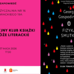 grafika reklamująca spotkanie klubu czytelniczego; na grafice okładka książki