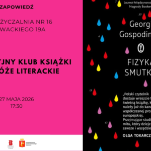 grafika reklamująca spotkanie klubu czytelniczego; na grafice okładka książki