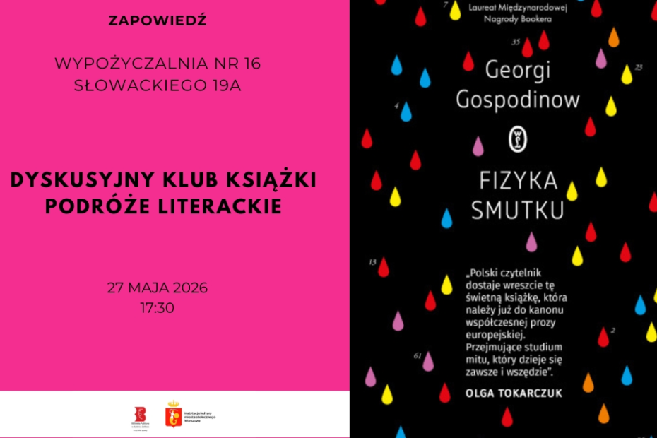 grafika reklamująca spotkanie klubu czytelniczego; na grafice okładka książki