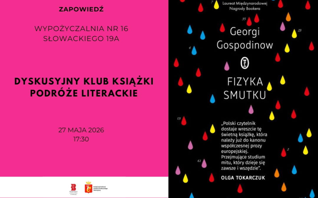 grafika reklamująca spotkanie klubu czytelniczego; na grafice okładka książki