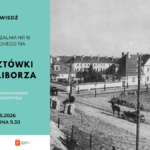 grafika promująca warsztaty literackie; na grafice fotografia dawnego Żoliborza