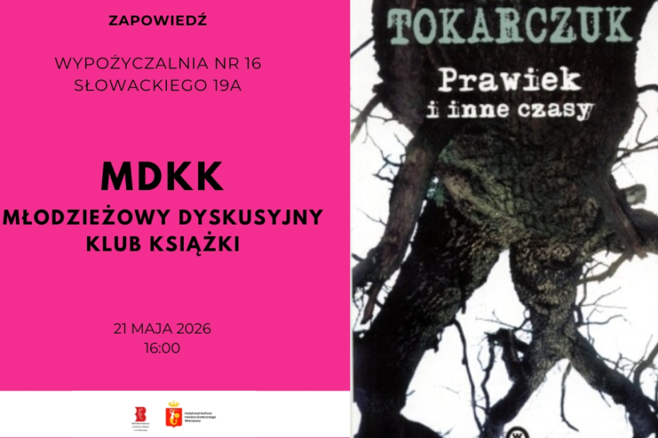 grafika promująca spotkanie młodzieżowego klubu książki; na grafice okładka książki