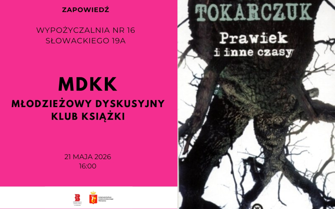 grafika promująca spotkanie młodzieżowego klubu książki; na grafice okładka książki