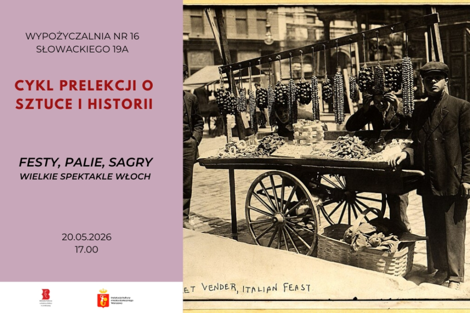 grafika promująca spotkanie z Magdaleną Tworzowską, historyczką sztuki; na plakacie dawna fotografia włoska