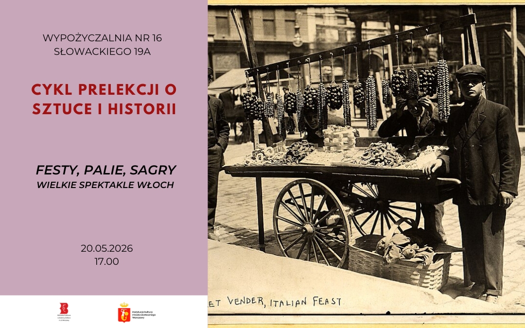 grafika promująca spotkanie z Magdaleną Tworzowską, historyczką sztuki; na plakacie dawna fotografia włoska