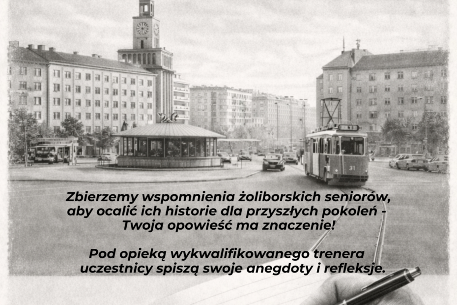plakat czarno-biały w stylu retro zapraszający do wzięcia udziału w akcji spisywania wspomnień