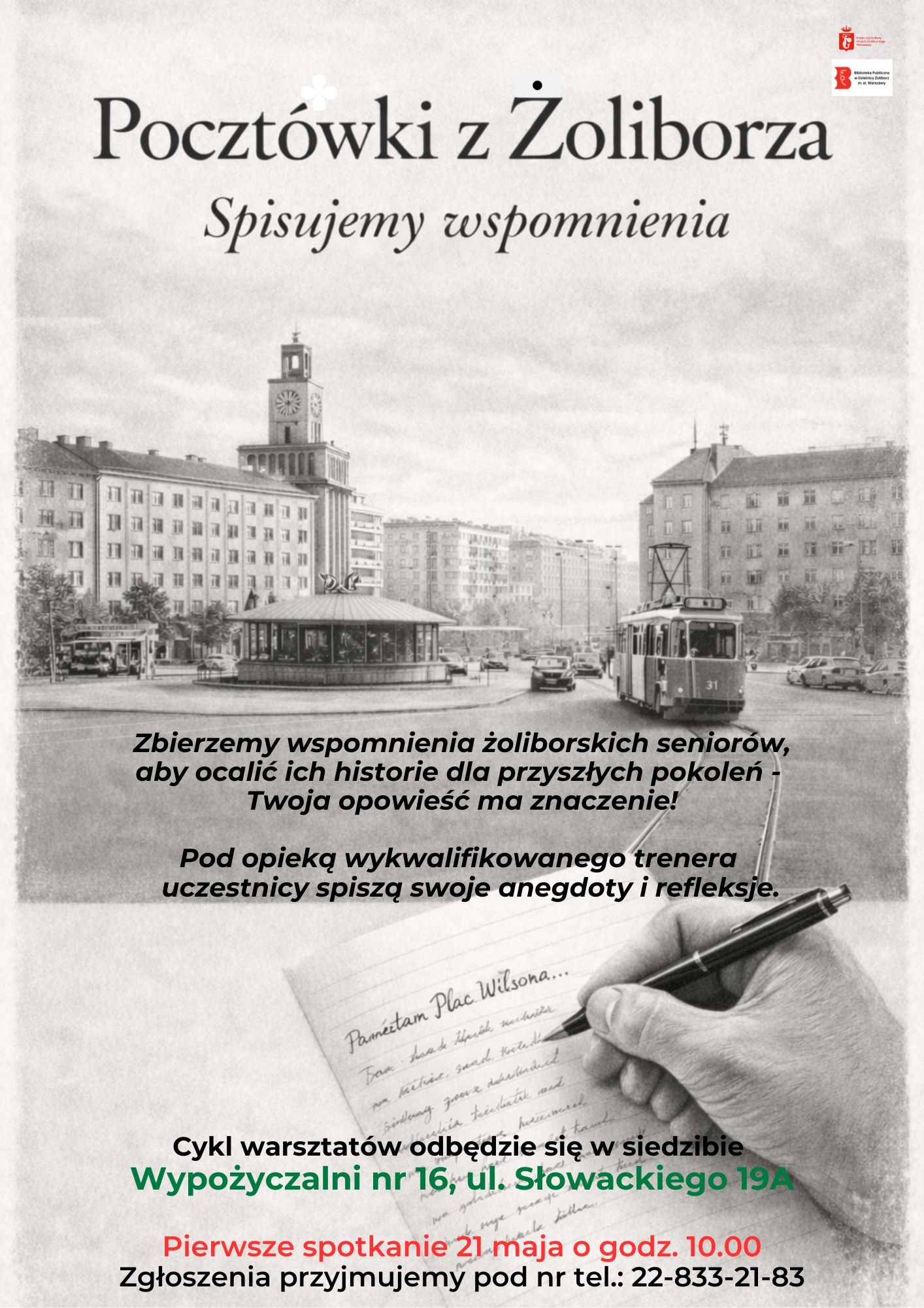 plakat czarno-biały w stylu retro zapraszający do wzięcia udziału w akcji spisywania wspomnień