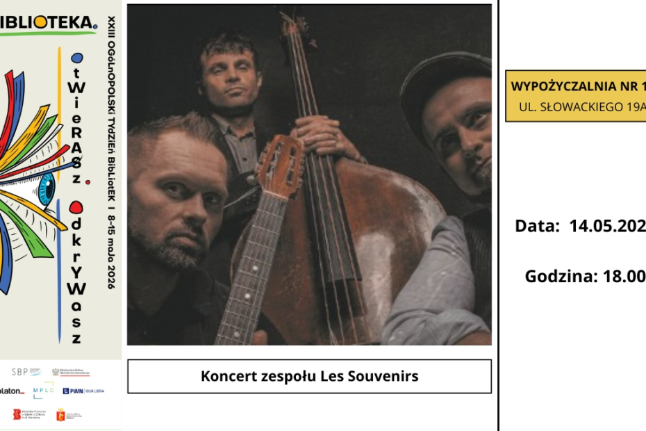 grafika promująca koncert muzyki z gatunku gipsy jazz; na fotografii portrety muzyków