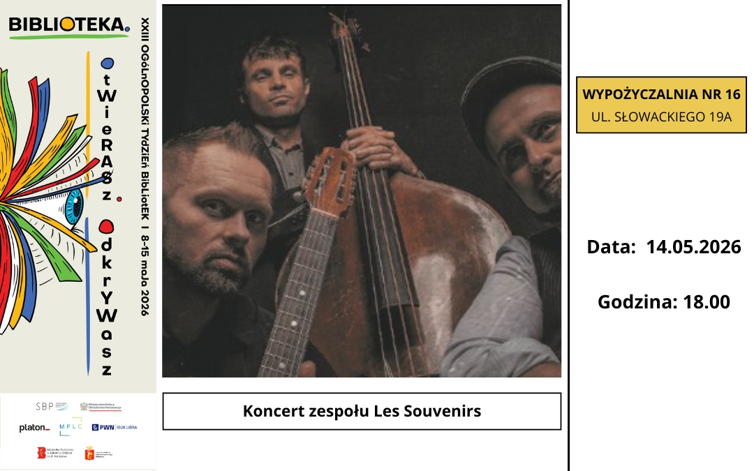 grafika promująca koncert muzyki z gatunku gipsy jazz; na fotografii portrety muzyków