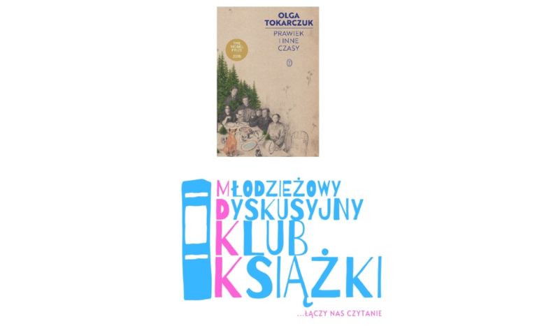 grafika wyróżniająca łącząca okładkę książki Olgi Tokarczuk "Prawiek i inne czasy" oraz logo Młodzieżowego Dyskusyjnego Klubu Książki