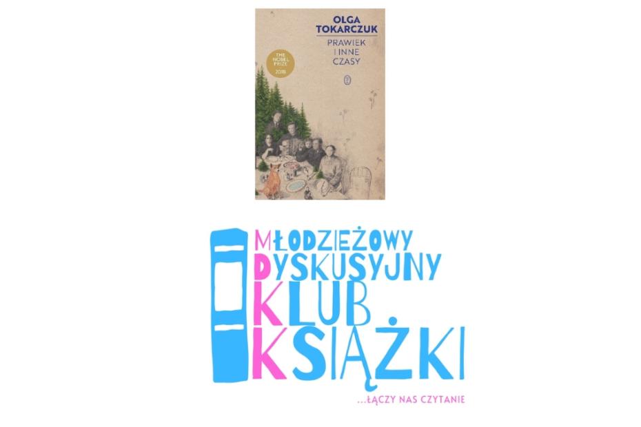 grafika wyróżniająca łącząca okładkę książki Olgi Tokarczuk "Prawiek i inne czasy" oraz logo Młodzieżowego Dyskusyjnego Klubu Książki