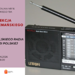 plakat w czerni i kolorze; na obrazie retro radio