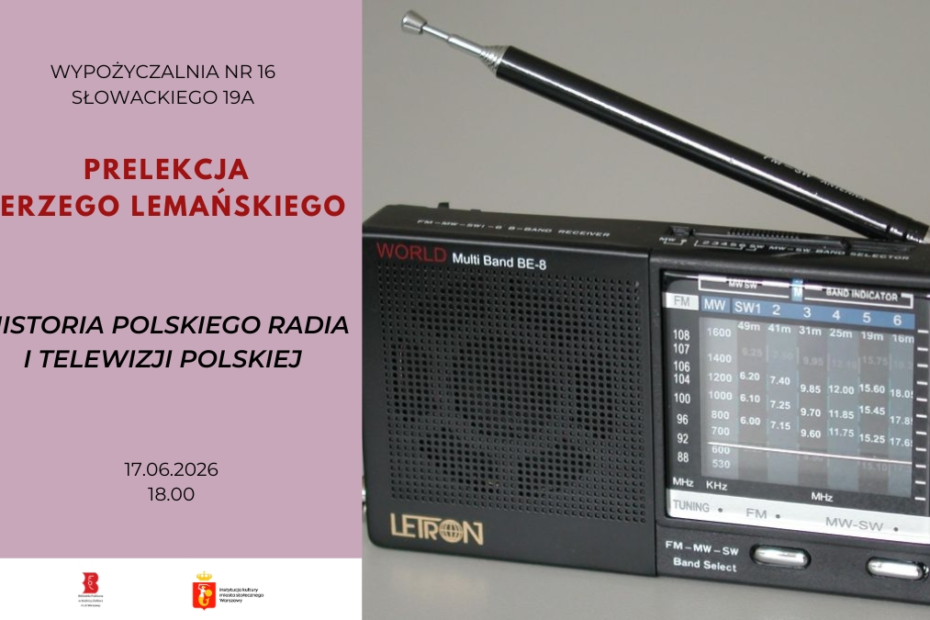 plakat w czerni i kolorze; na obrazie retro radio