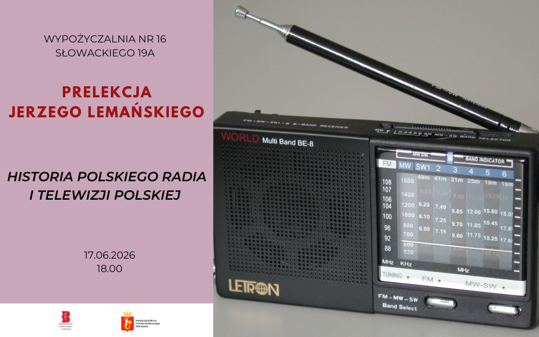 plakat w czerni i kolorze; na obrazie retro radio