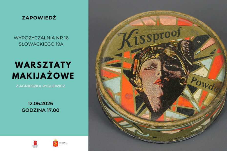 grafika reklamująca warsztaty makijażowe; na zdjęciu kolorowe opakowanie kosmetyku dla kobiet