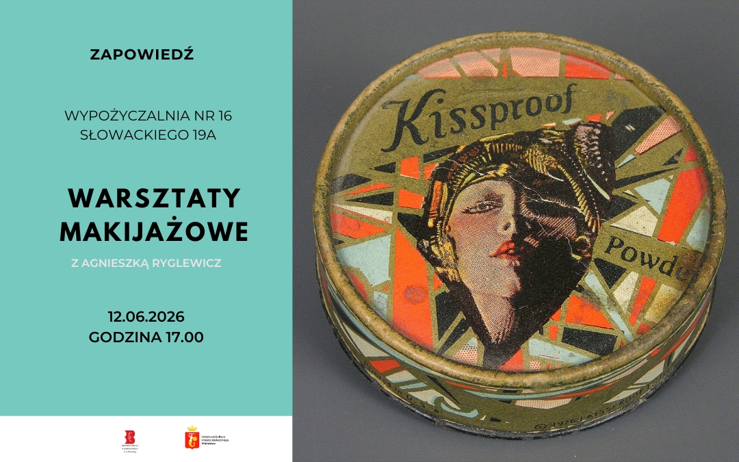 grafika reklamująca warsztaty makijażowe; na zdjęciu kolorowe opakowanie kosmetyku dla kobiet