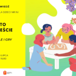 Zapowiedź wydarzenia „Lato w mieście – Puzzle i gry” w Bibliotece dla Dzieci nr XV. Zajęcia odbędą się 23 i 30 lipca w godzinach 8.30–16.00. Na ilustracji czworo dzieci siedzi przy stole i wspólnie gra w grę planszową, a w tle widoczne są elementy puzzli.