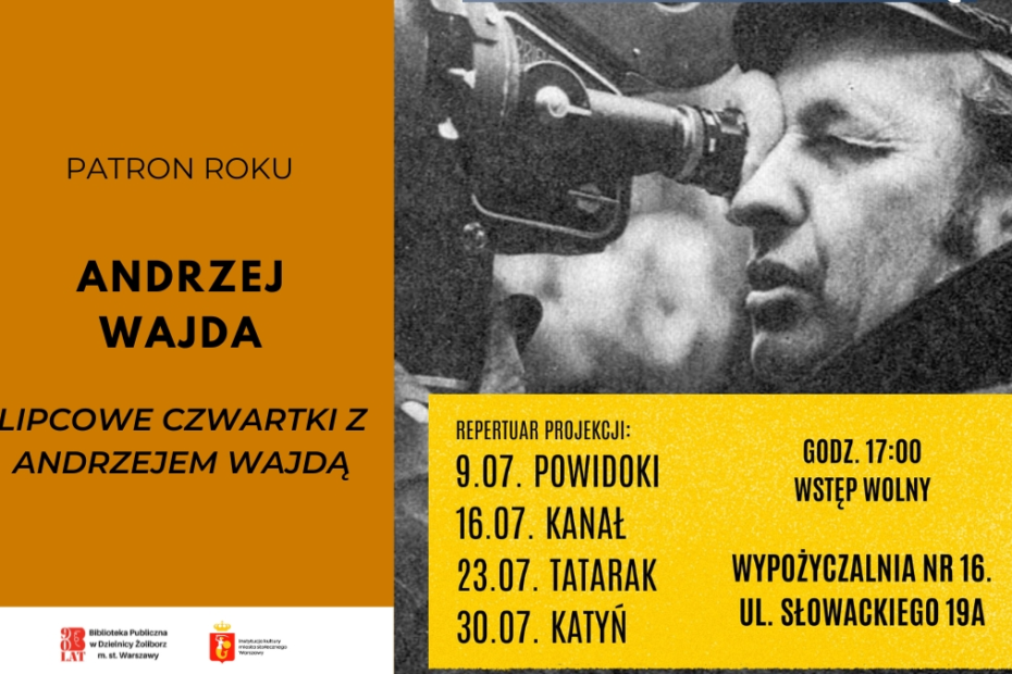 grafika promująca cykl projekcji filmów Andrzeja Wajdy