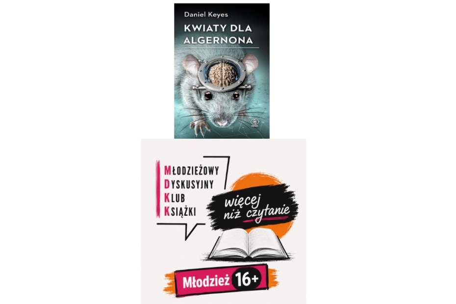Grafika wyróżniająca przedstawiająca okładkę książki "Kwiaty dla algernona" oraz logo MDKK