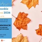 Plakat wydarzenia „Jesienne Dekoracje – Międzypokoleniowe Warsztaty Artystyczne” w ramach Warszawskich Dni Seniora 2026. Spotkanie odbędzie się 29 września 2026 r. o godz. 17:00 w Wypożyczalni nr 138 przy ul. Broniewskiego 9A. Tło zdobią zasuszone, brązowo-pomarańczowe liście klonu.