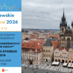 Plakat promujący wydarzenie w ramach Warszawskich Dni Seniora. Po lewej stronie na niebieskim tle napis Warszawskie Dni Seniora 2026 roku, w dniach 12 września do 4 października, poniżej Czytelnia Pod Sowami ul. Gen. Zajączka 8 oraz tytuł wydarzenia cykl spotkań podróżniczych “Oczywiście Czechy”Zakamarki starego Miasta, w dniu 24 września o godzinie 11.00. Na ilustracji znajduje się praski rynek starego miasta na którym dominują kamienice w kolorach beżowych a budynki są w wielu stylach architektonicznych, jak na przykład koścoł gotycki na pierwszym planie.
