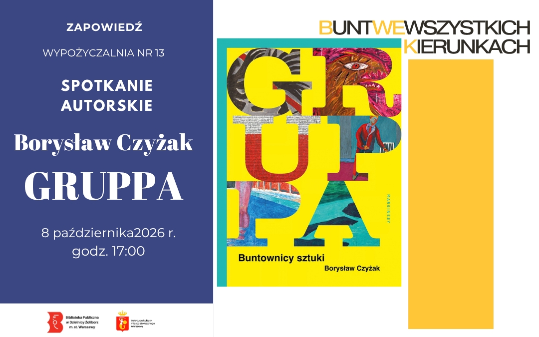 Grafika utrzymana jest w ciemnoniebieskiej tonacji, z lewej strony prezentując blok jasnego tekstu zapowiadającego spotkanie autorskie z Borysławem Czyżakiem. Po prawej stronie znajduje się kolorowa okładka książki „Gruppa”, której ekspresyjny, malarski charakter kontrastuje z minimalistycznym tłem plakatu.