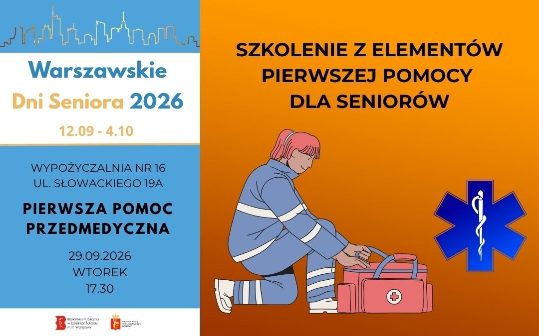 medyk z torbą ratowniczą, warsztaty dla seniorów w wypożyczalni nr 16 z pomocy przedmedycznej.