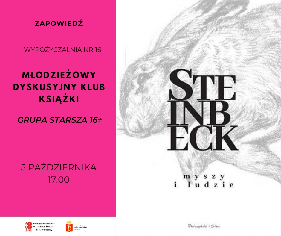 grafika wyróżniająca przedstawiająca zaproszenie na Młodzieżowy Dyskusyjny Klub Książki na 5 października 2026 r. na godzinę 17.00 do wypożyczalni nr 16. Grafika zawiera również okładkę książki "Myszy i Ludzie" Johna Steinbecka
