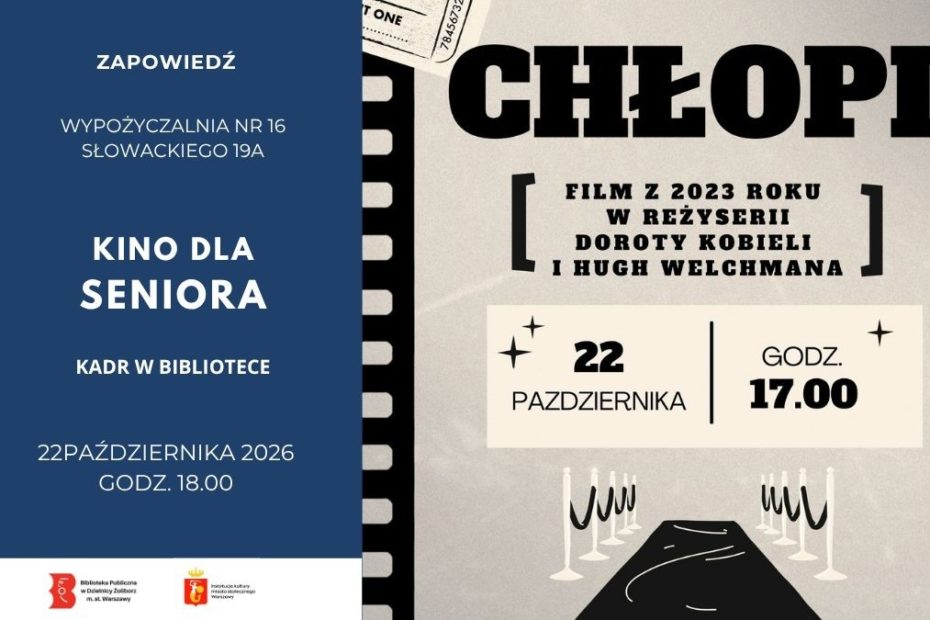 grafika wyróżniająca przedstawiająca plakat na którym znajdyje się napis "Chłopi - film z 2023 roku w reżycerii doroty Kobieli i Hugh Welchmana - 22 października godz. 17.00"