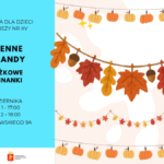 Plakat promujący jesienne warsztaty „Jesienne girlandy – książkowe wycinanki” w Bibliotece dla Dzieci i Młodzieży nr XV. Na jasnym, jesiennym tle przedstawiono dekoracyjne girlandy z kolorowymi liśćmi, żołędziami i dyniami. Po lewej stronie znajduje się turkusowe pole z informacjami: wydarzenie odbędzie się 6 października, o 17:00 dla grupy 1 i 18:00 dla grupy 2, przy ul. Broniewskiego 9A. Na dole widoczne są logotypy Biblioteki Publicznej w Dzielnicy Żoliborz m.st. Warszawy oraz Instytucji kultury miasta stołecznego Warszawy