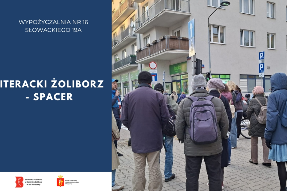 grafika przedstawiająca uczestników spaceru "Literacki Żoliborz"