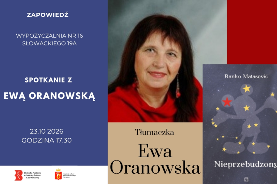 grafika wyróżniająca przedstawiająca Panią Ewę Oranowską oraz okładkę książki "Nieprzebudzony" Ranko Matasovićia